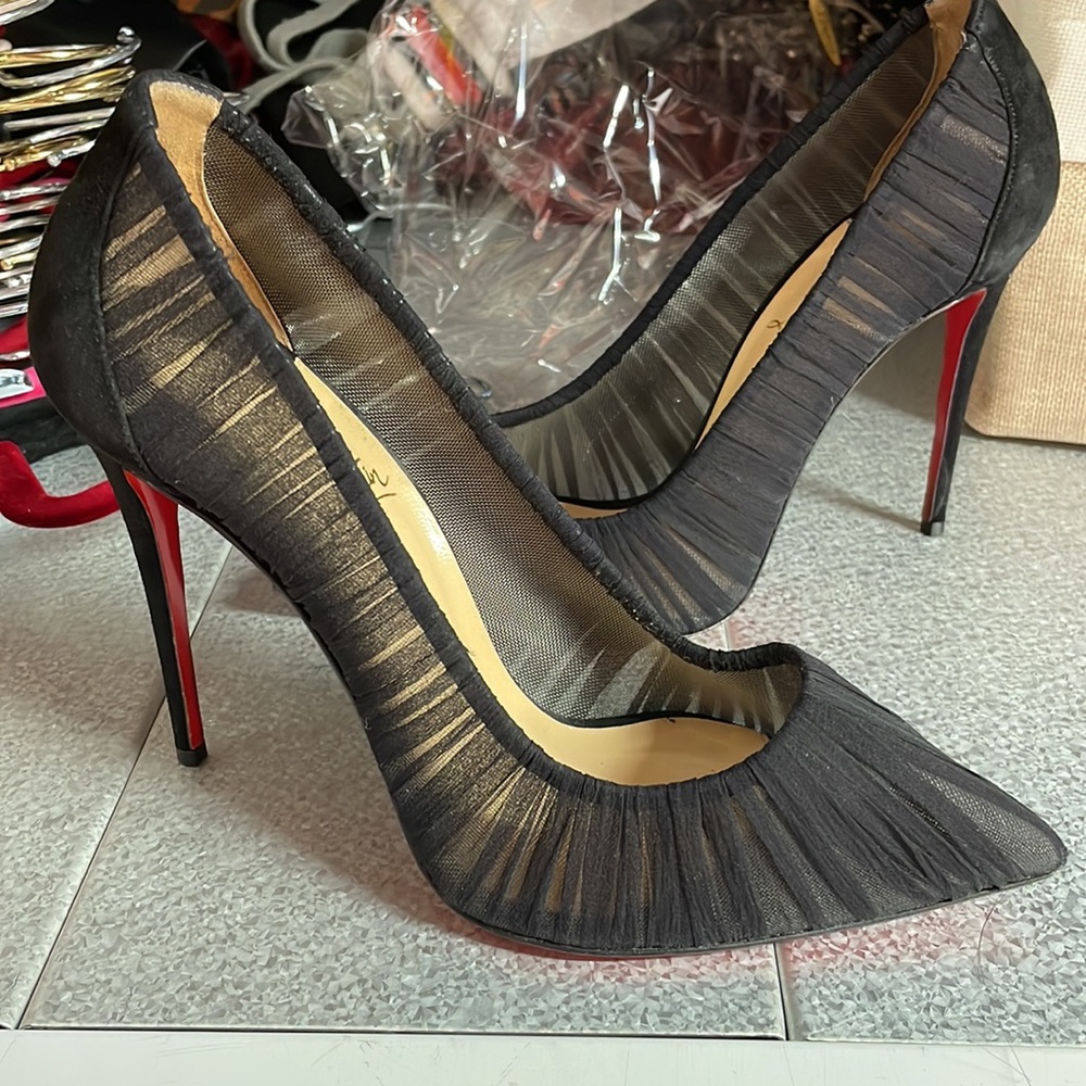 Christian Louboutin Draperia tulle black mesh follie pumps